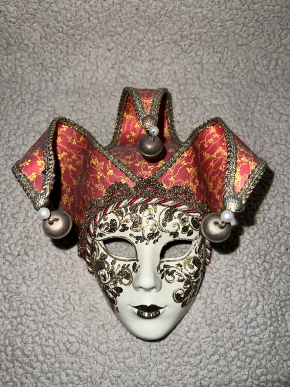 Venetian Jester Wall Mask with Gold Filigree and Red Crown